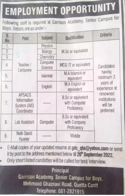 Jobs in Garrison Academy Senior Campus for Boys 2022 – Federal Govt Educational Institutes Cantts and Garrisons Jobs 2022 — original advertisement