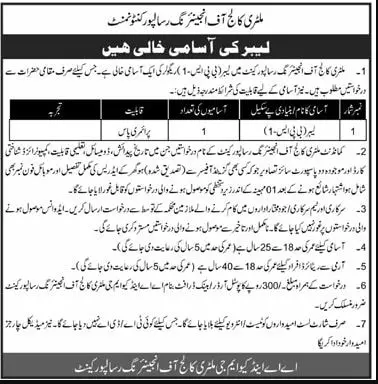 Jobs in Military College of Engineering Risalpur 2022 Jobs 2022 — original advertisement