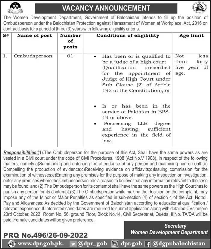 Jobs in Women Development Department Balochistan 2022 Jobs 2022 — original advertisement