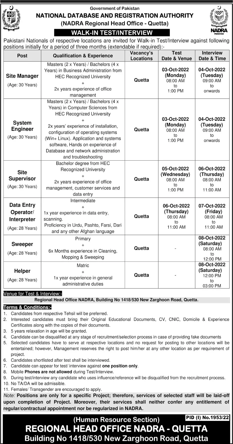Jobs in National Database & Registration Authority Quetta – National Database and Registration Authority Jobs 2022 — original advertisement