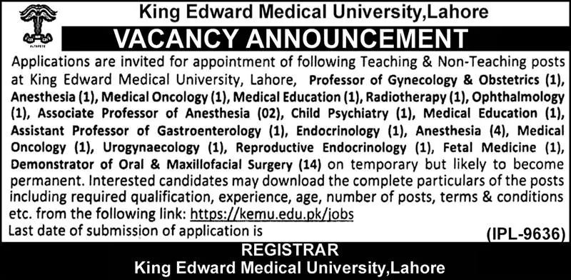 Jobs in Kind Edward Medical University Lahore – King Edward Medical University Lahore Jobs 2022 — original advertisement