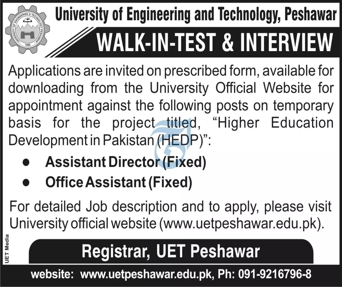 Jobs in university of engineering and technology Peshawar Jobs 2022 — original advertisement