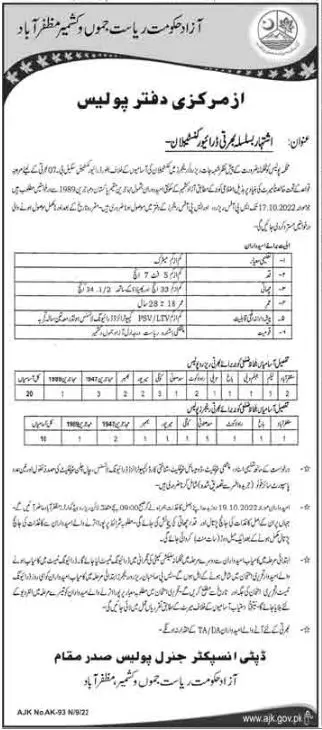 Azad Jammu Kashmir Police Department Jobs 2022 – Ajk Police Jobs 2022 — original advertisement