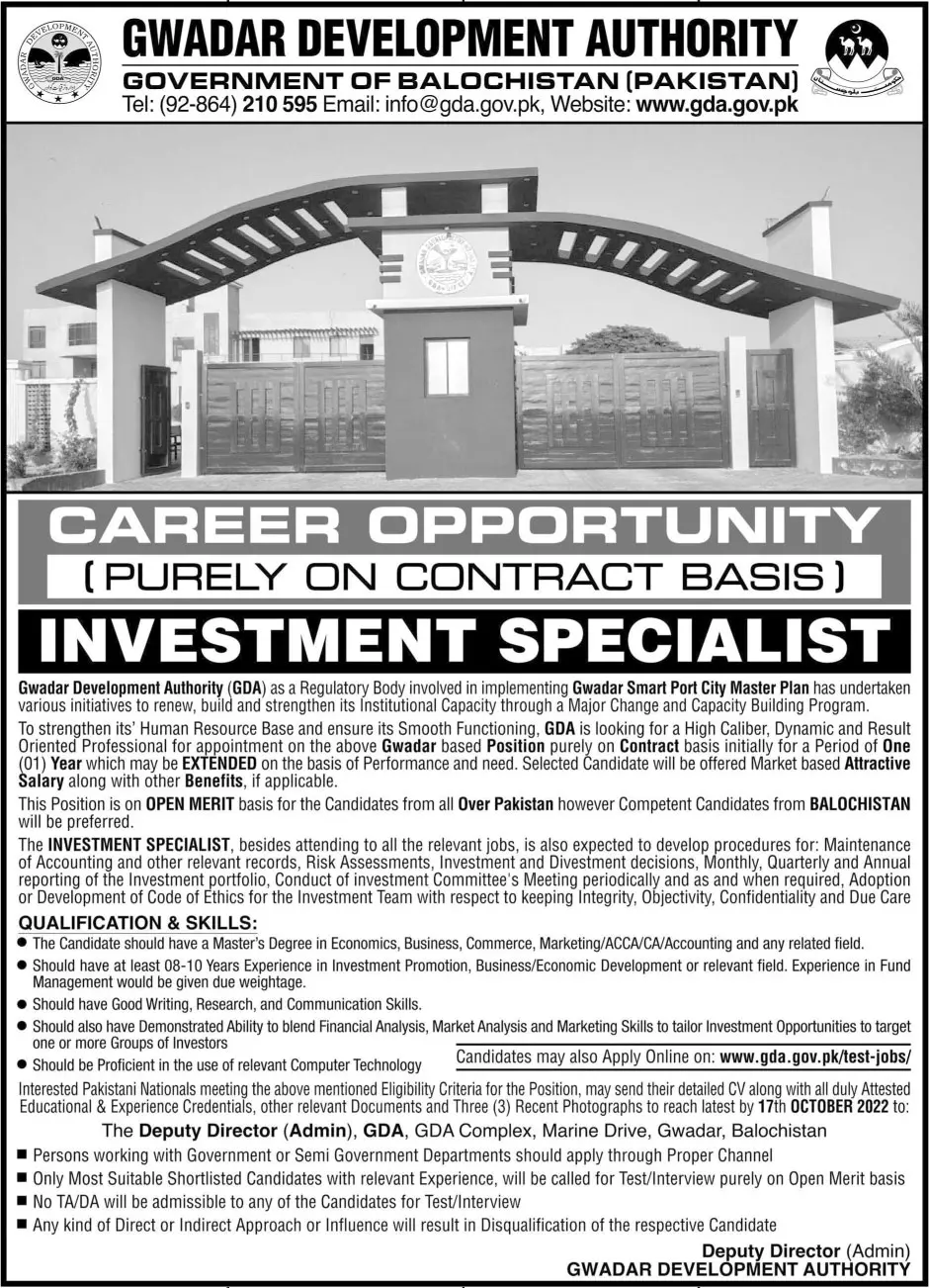 Jobs in Gwadar Development Authority GDA 2022 Jobs 2022 — original advertisement