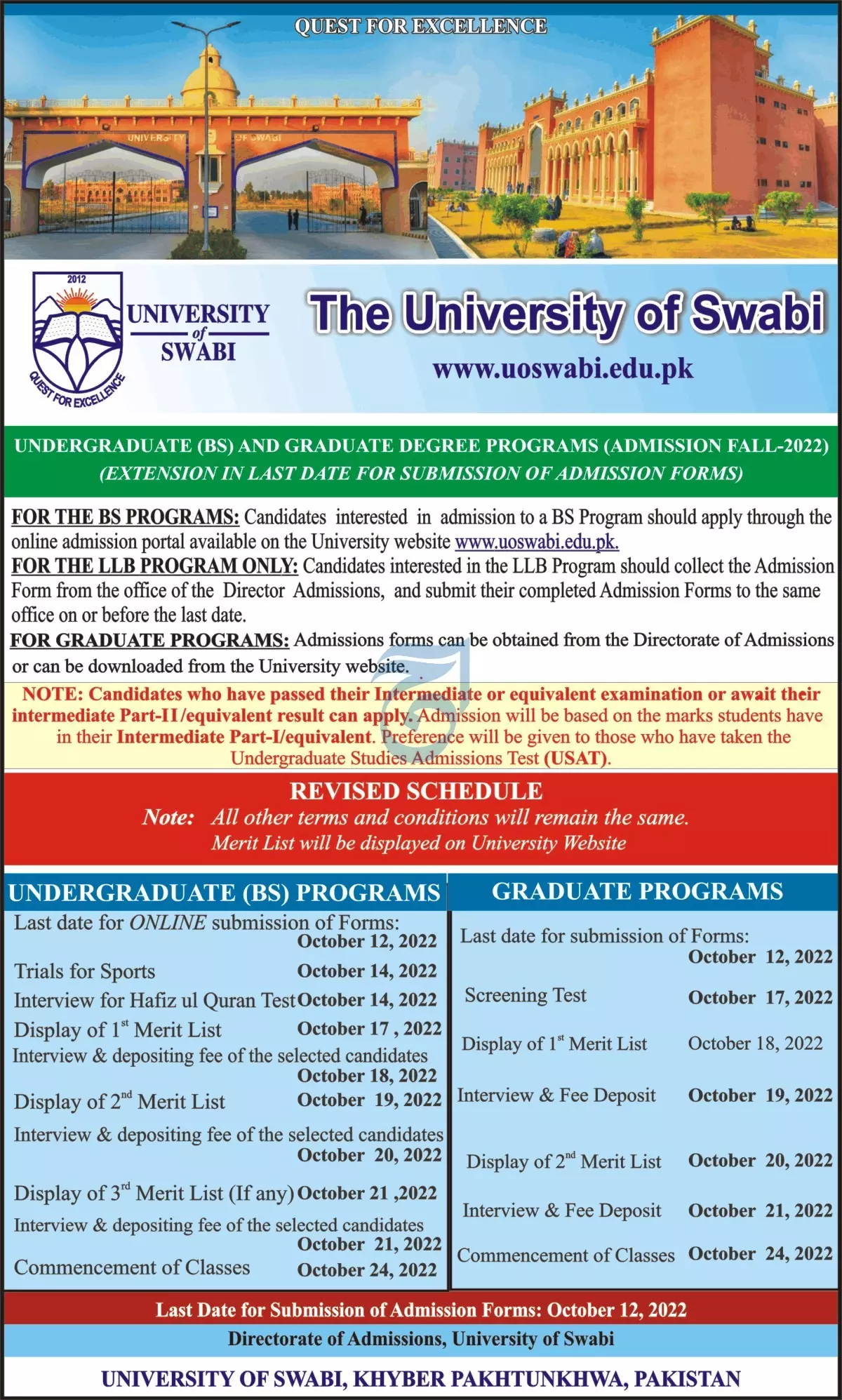Admission in University of Swabi Khyber Pakhtunkhwa Admissions 2022 — original advertisement