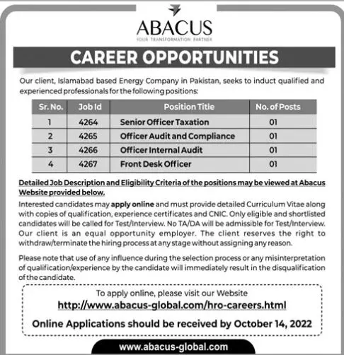 Jobs in Islamabad Based Energy Company 2022 – Private Company Jobs 2022 — original advertisement