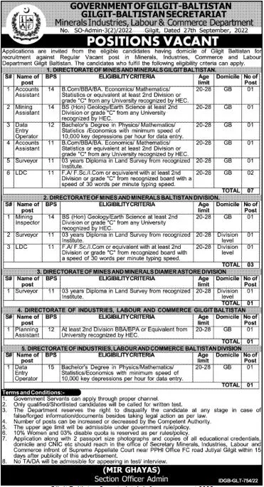 Jobs in Minerals Industries Labour & Commerce Department – Government of Gilgit-Baltistan Jobs 2022 — original advertisement