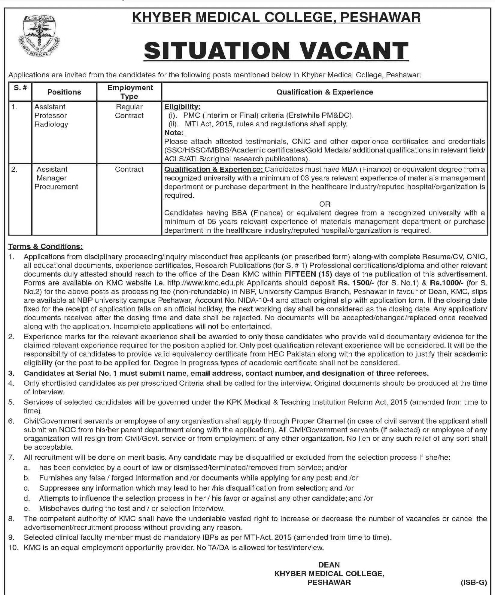Jobs in Khyber Medical College KMC Peshawar 2022 Jobs 2022 — original advertisement