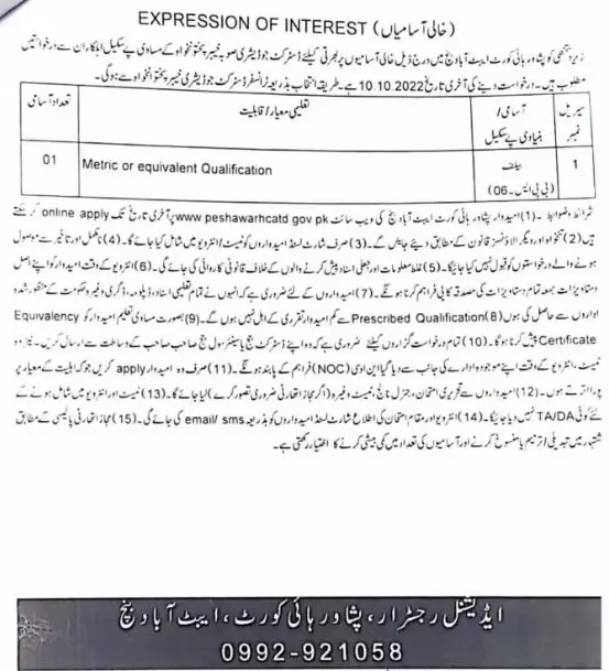 Jobs in Peshawar High Court Peshawar – Peshawar High Court, Peshawar Jobs 2022 — original advertisement