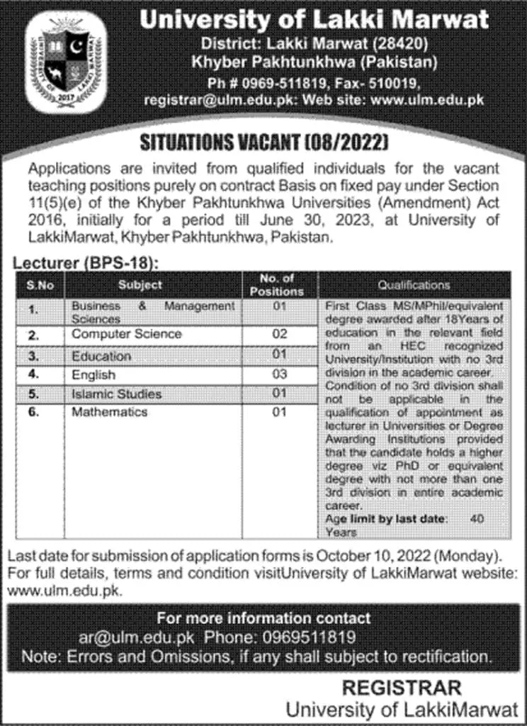 Jobs in University of Lakki Marwat Khyber Pakhtunkhwa Jobs 2022 — original advertisement