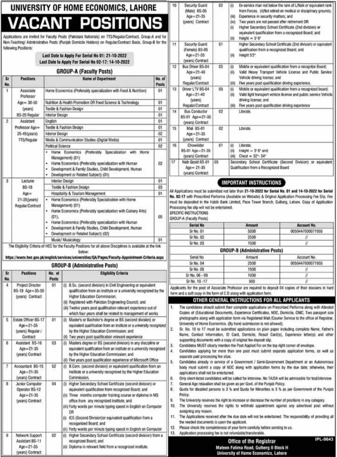 Jobs in University of Home Economics Lahore Punjab 2022 Jobs 2022 — original advertisement
