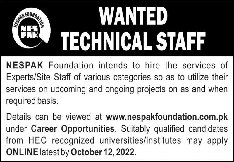 Jobs in NESPAK National Engineering Services Pakistan Jobs 2022 — original advertisement