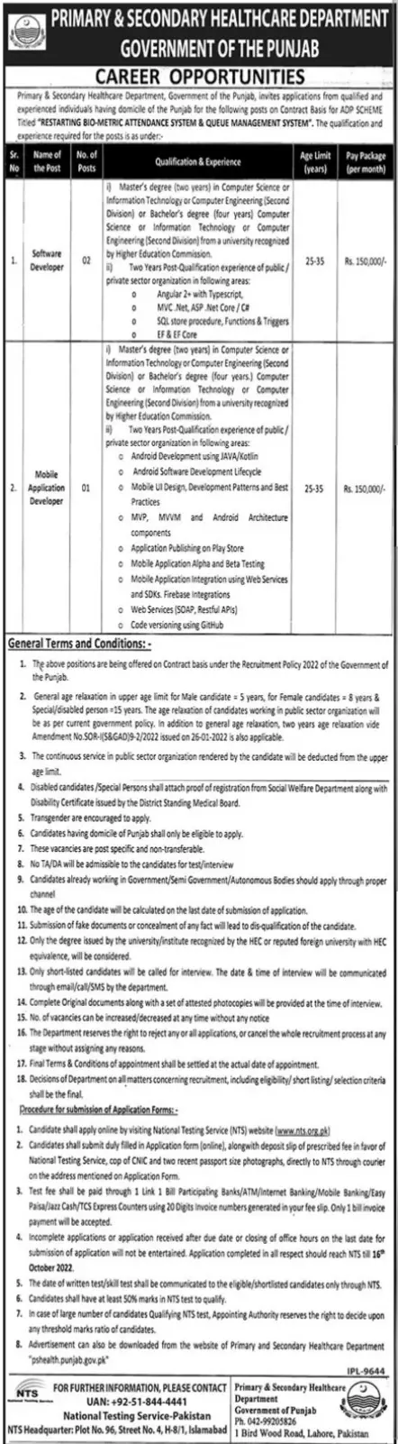 Jobs in Primary & Secondary Health Care Department Punjab – Health Department Punjab Jobs 2022 — original advertisement
