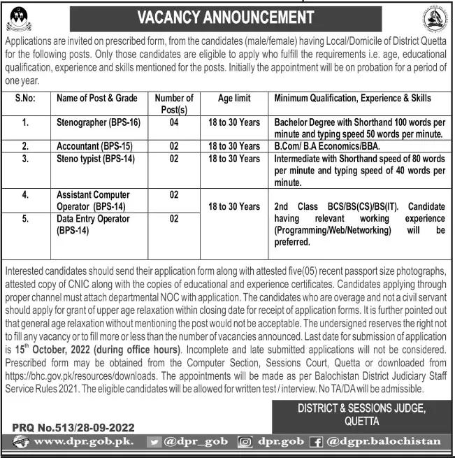 Jobs in District and Session Judge Quetta Balochistan 2022 – District & Session Judge Jobs 2022 — original advertisement