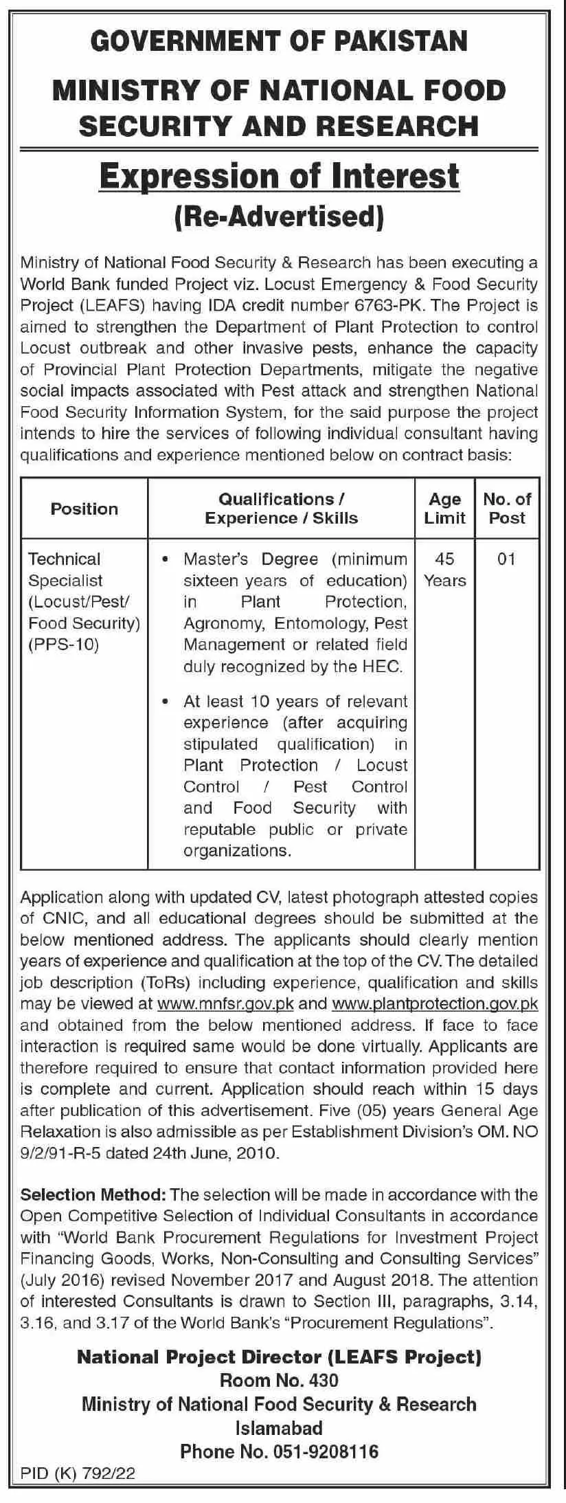 Jobs in Ministry of National Food Security and Research 2022 – Ministry of National Food Security & Research Jobs 2022 — original advertisement
