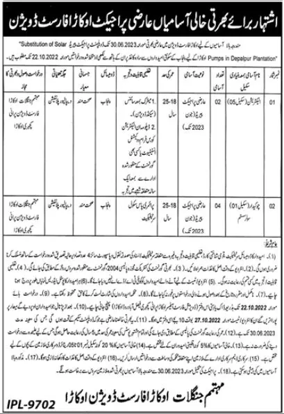 Okara Forest Division Okara Punjab  jobs 2022 – Forest Wildlife & Fishries Department Punjab Jobs 2022 — original advertisement