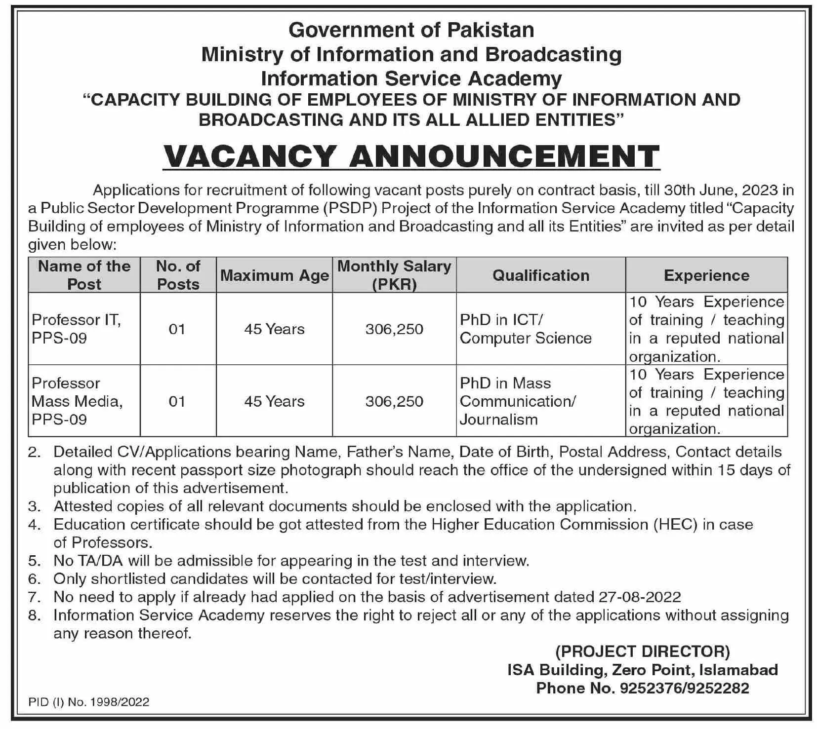 Jobs in Ministry of information & Broadcasting Islamabad – Ministry of Information & Broadcasting Pakistan Jobs 2022 — original advertisement
