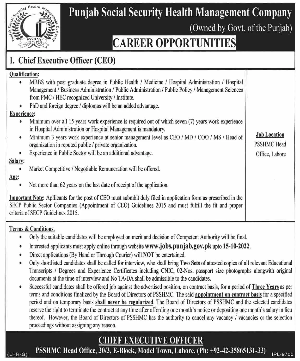 Jobs in Punjab Social Security Health Management Company Jobs 2022 — original advertisement