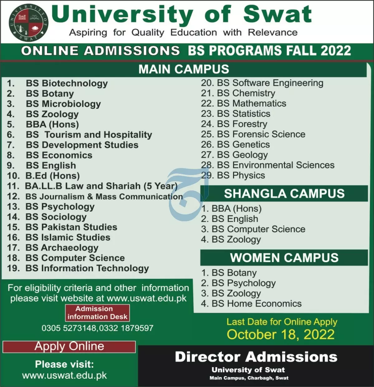 Admission in University of Swat 2022 Admissions 2022 — original advertisement
