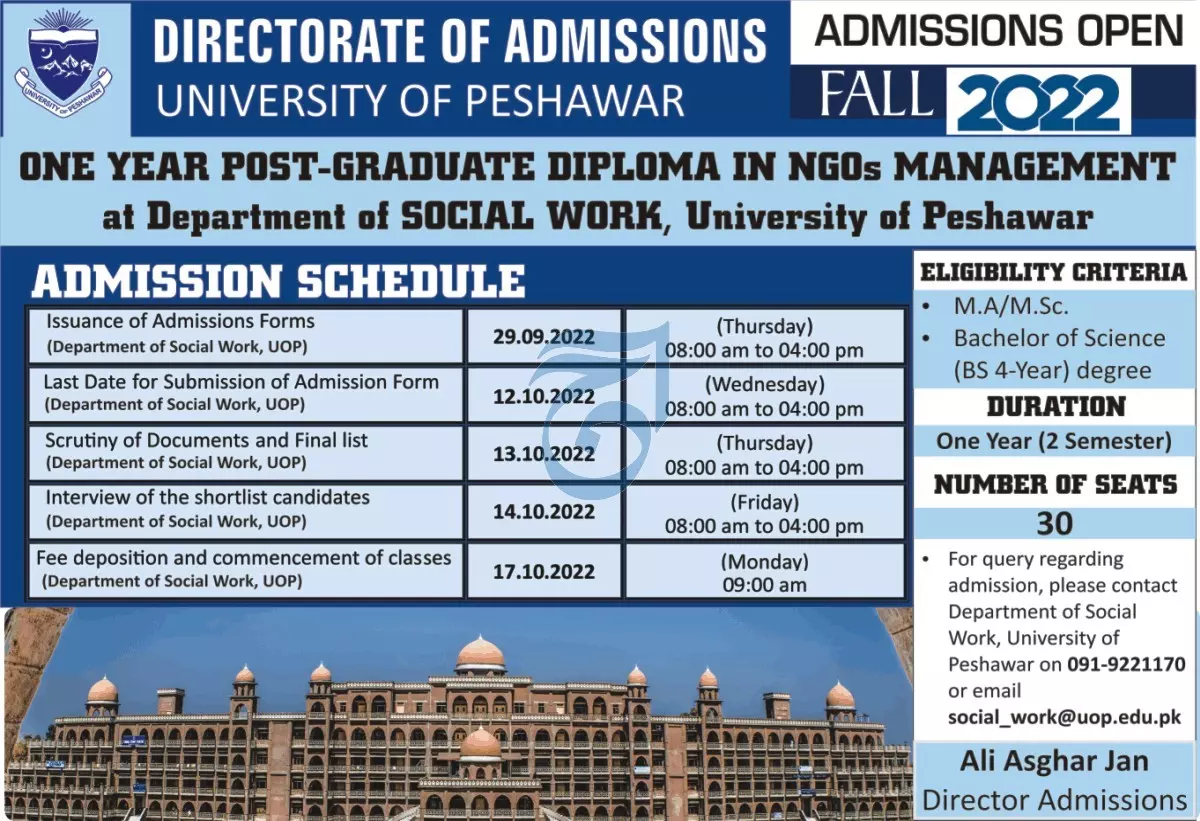 Admission in University of Peshawar Admissions 2022 — original advertisement