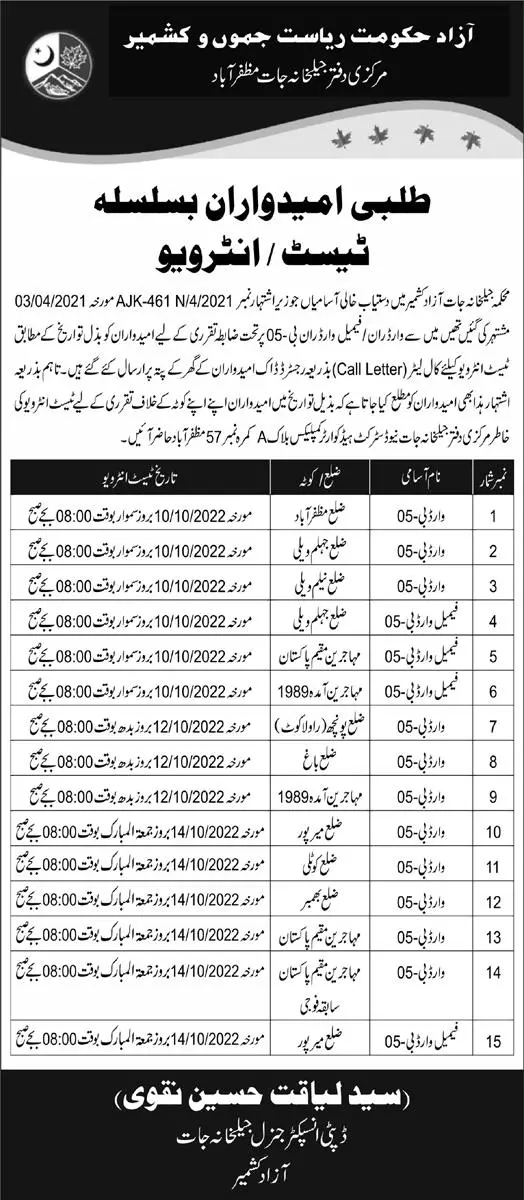 Interviews Prisons Department Azad Kashmir – Govt of Azad Kashmir Jobs 2022 — original advertisement