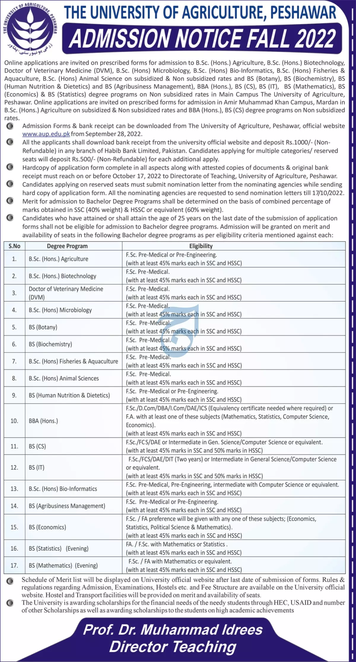 Admission in University of Agriculture Peshawar 2022 – University of Agriculture, Peshawar Admissions 2022 — original advertisement