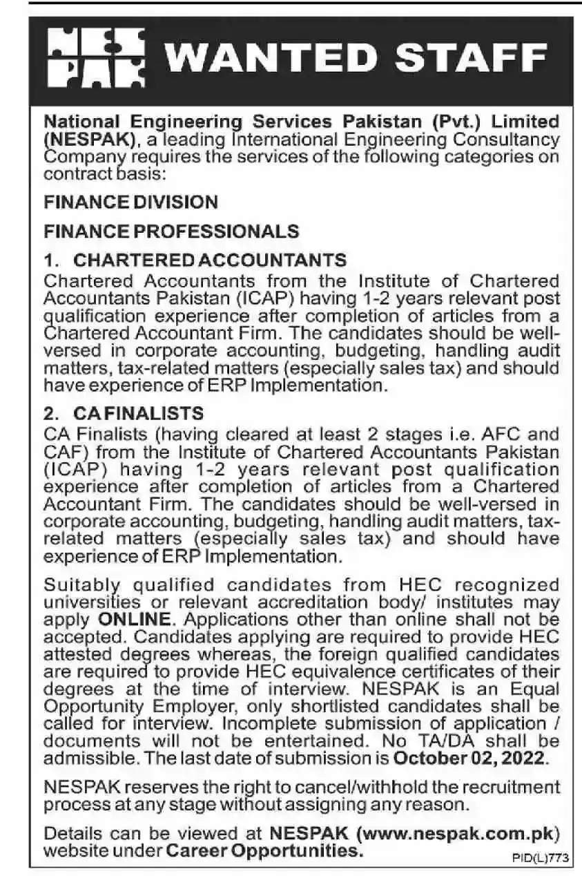 Jobs in NESPAK National Engineering Services Pakistan Jobs 2022 — original advertisement