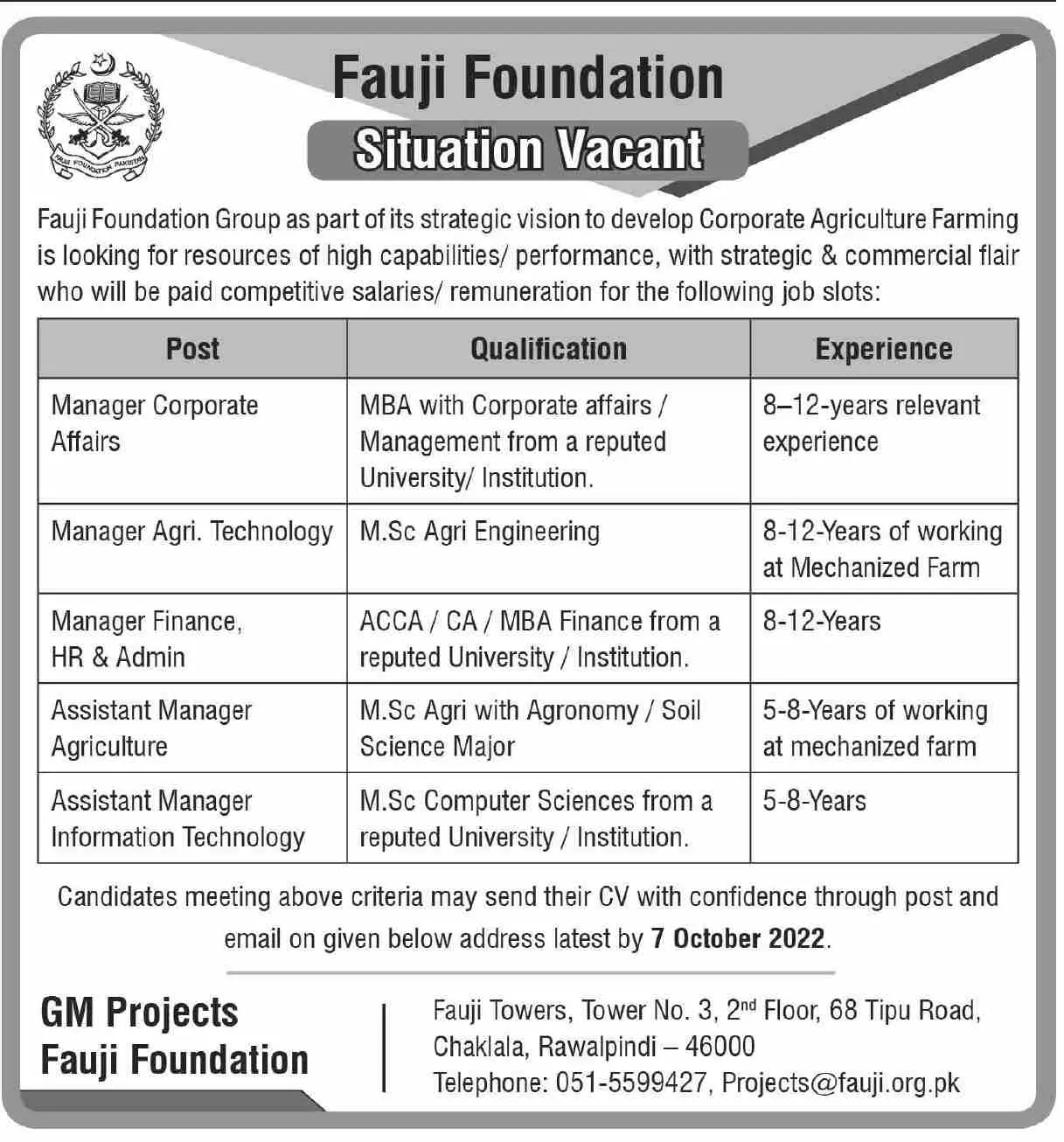 Jobs in Fauji Foundation Rawalpindi 2022 Jobs 2022 — original advertisement
