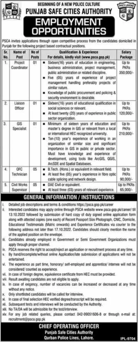 Jobs in Punjab Safe Cities Authority PSCA 2022 Jobs 2022 — original advertisement