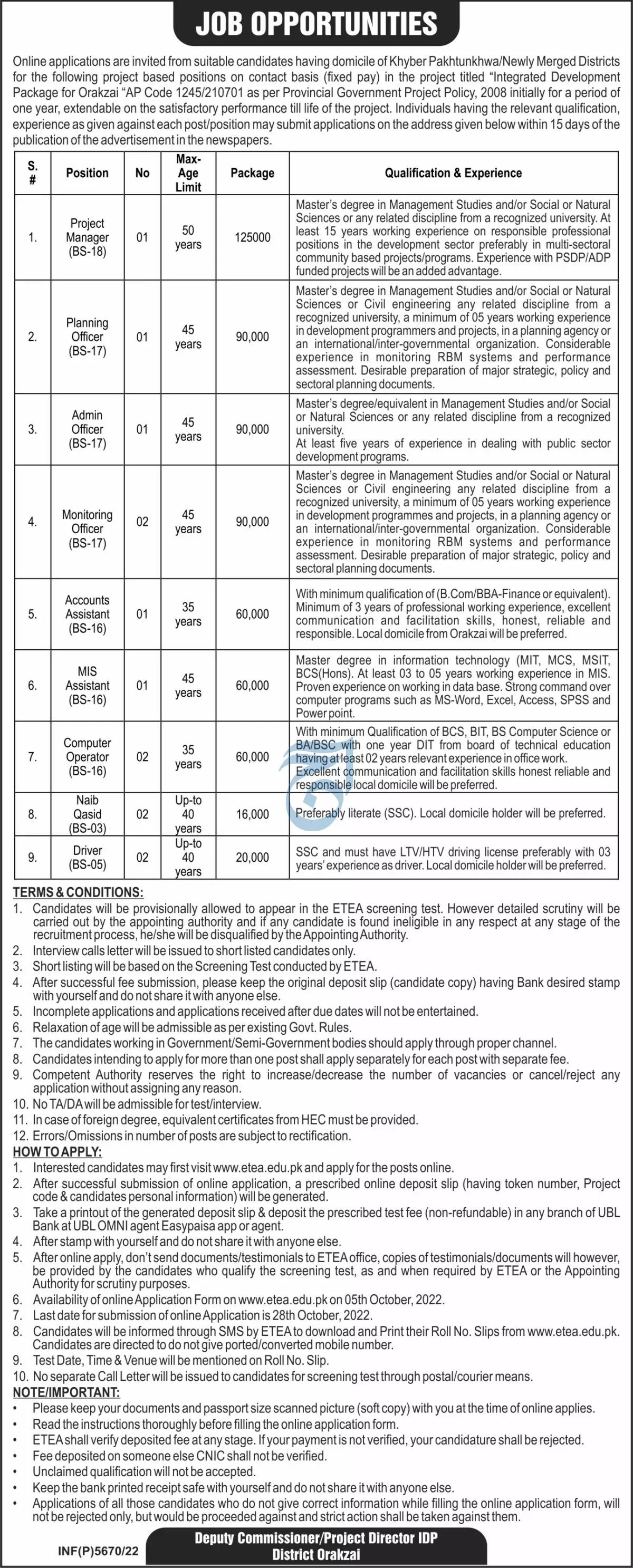 Deputy commissioner office District orakzai Jobs 2022 – deputy commissioner orakzai Jobs 2022 — original advertisement