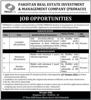 Pakistan Real Estate Investment and Management Company Jobs – Pakistan Real Estate Investment and Management Company Pvt Ltd (PRIMACO) Jobs 2022 — original advertisement