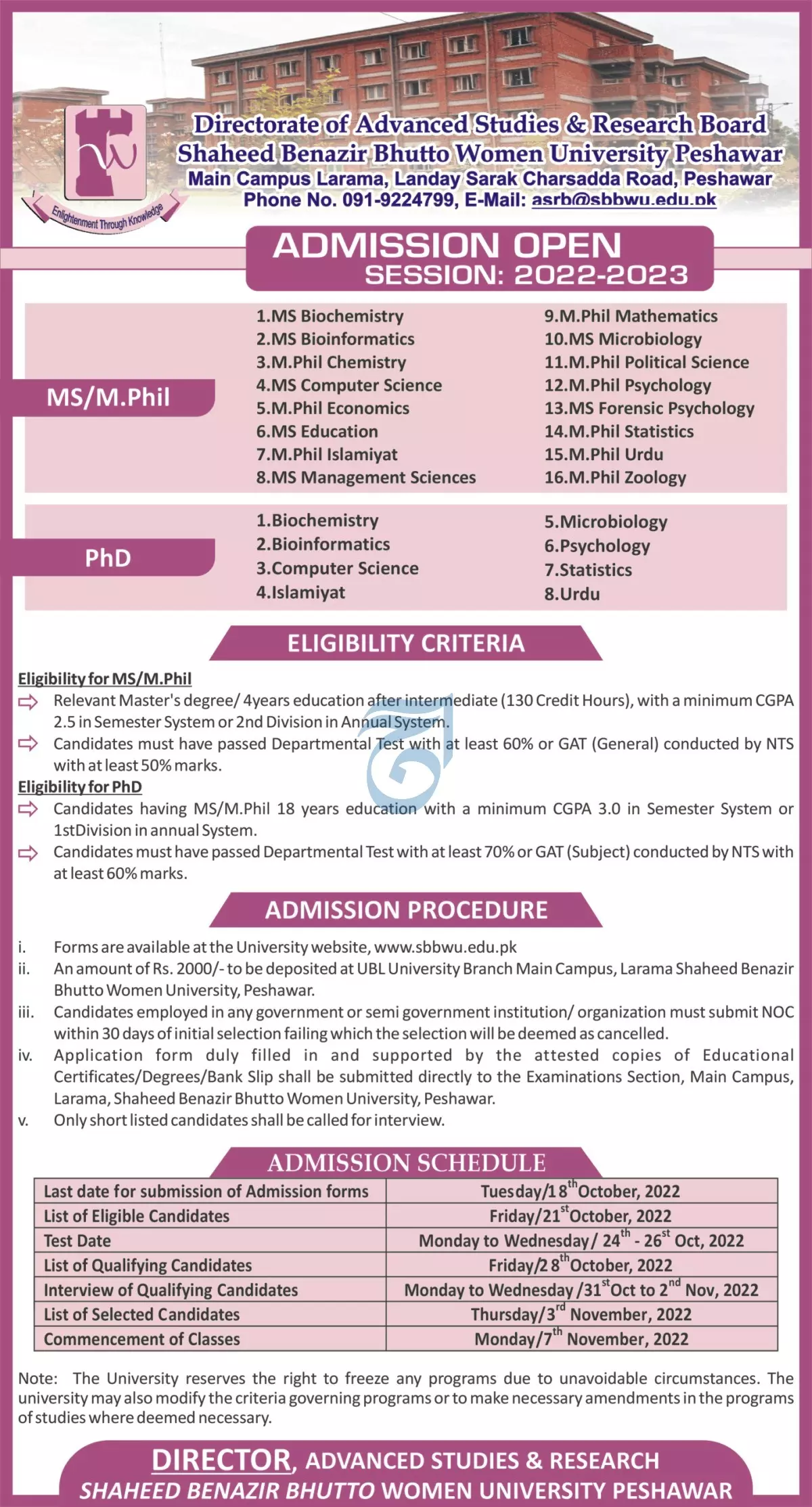 Admission in Shaheed Benazir Bhutto Women University Peshawa – Shaheed Benazir Bhutto Women University Peshawar Admissions 2022 — original advertisement