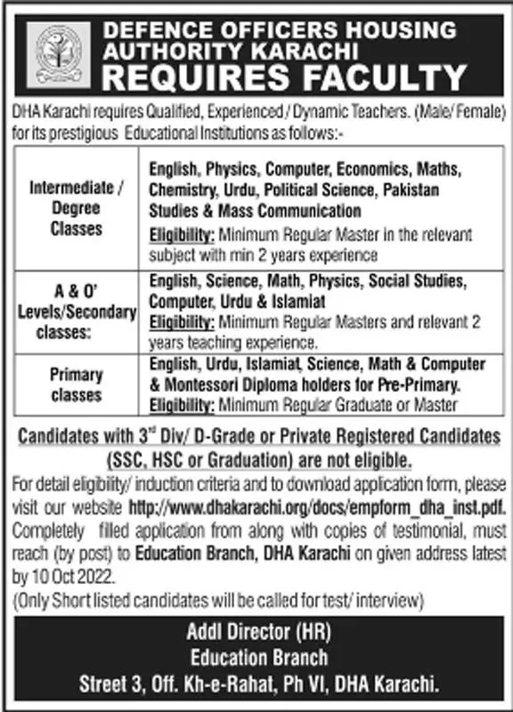 Jobs in Defence housing Authority DHA Karachi 2022 Jobs 2022 — original advertisement