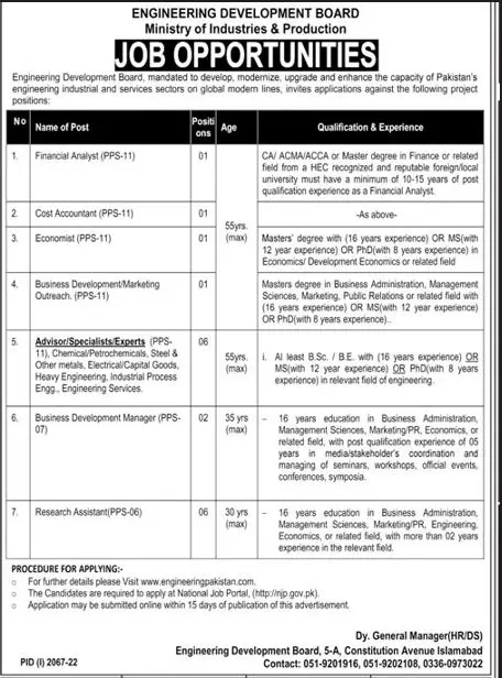 Jobs in Engineering Development Board Islamabad 2022 – Ministry of Industries and Production Islamabad Jobs 2022 — original advertisement