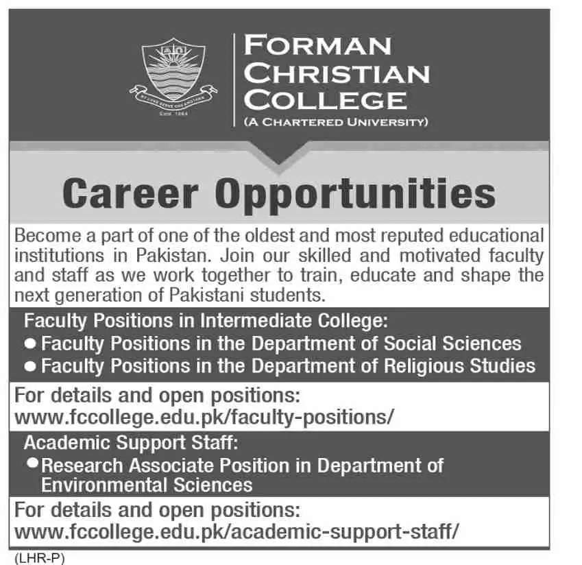 Jobs in Forman Christian College – Forman Christian College Lahore Jobs 2022 — original advertisement