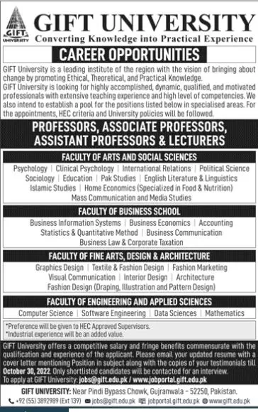 Jobs in Gift University Ghujranwala – GIFT University Gujranwala Jobs 2022 — original advertisement