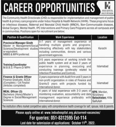 Jobs in Indus Hospital Health Network 2022 – Indus Health Network Karachi Jobs 2022 — original advertisement
