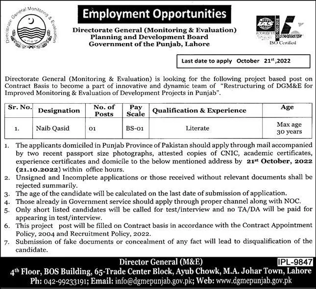 Jobs in Planning And Development Board Lahore Punjab – Planning & Development Board Punjab Jobs 2022 — original advertisement