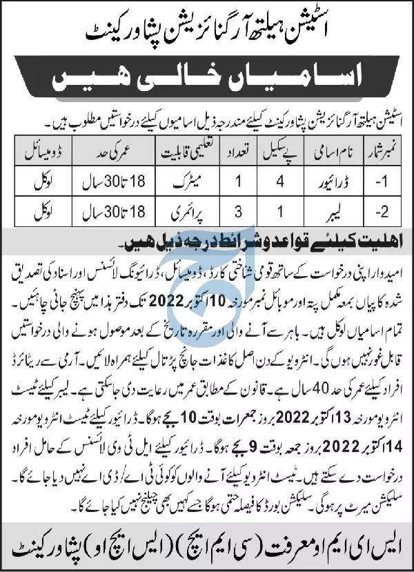 Jobs in Station Health Organization Peshawar Cantt – Pakistan Army Jobs 2022 — original advertisement