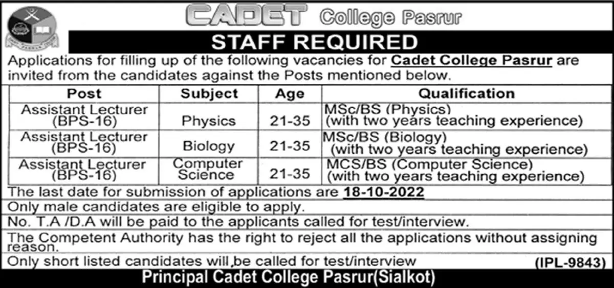 Jobs in Cadet college Pasrur Jobs 2022 — original advertisement