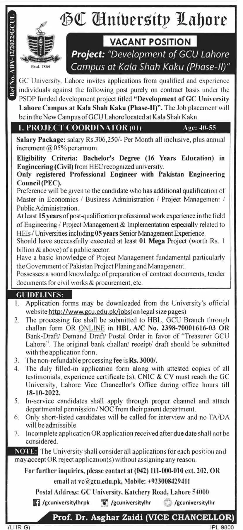 Jobs in Government University Lahore – Government College University Lahore Jobs 2022 — original advertisement