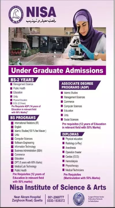 Admission in NISA Institute of Science and Arts Quetta Admissions 2022 — original advertisement
