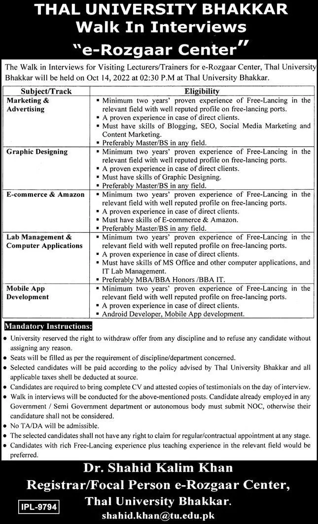 Jobs in Thal University Bhakkar Jobs 2022 — original advertisement