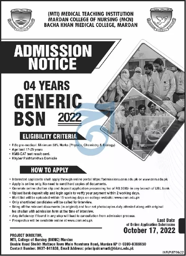 Admission in Bacha Khan Medical College Mardan Admissions 2022 — original advertisement