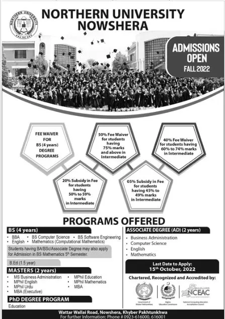 Admission in Northern University Nowshera Admissions 2022 — original advertisement