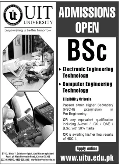 Admission in Usman institute of Technology UIT University – Usman Institute Of Technology UIT Karachi Admissions 2022 — original advertisement
