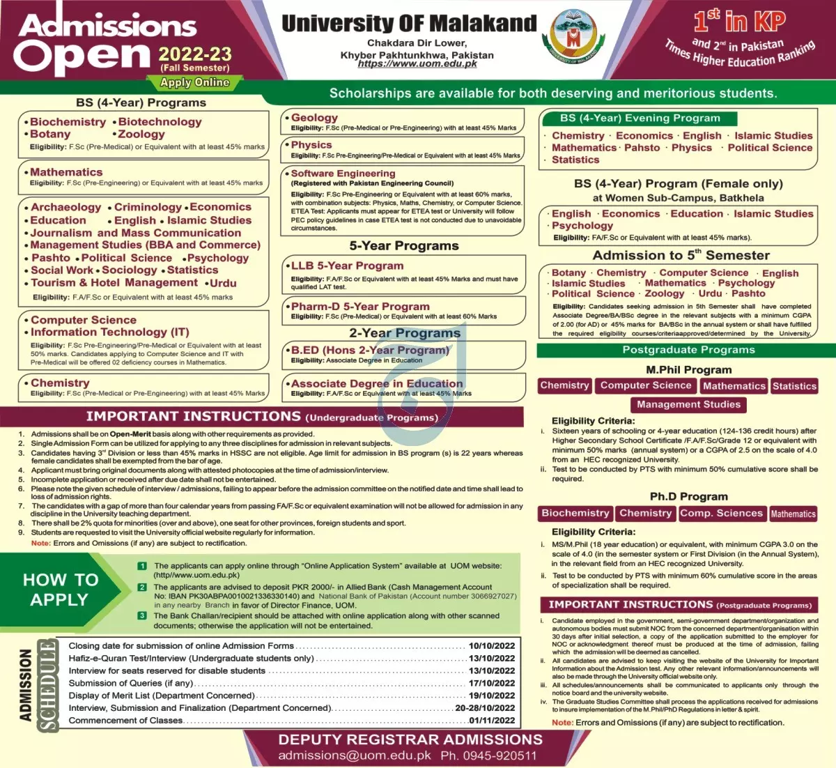 Admission in University of Malakand Chakdara Dir Lower – University of Malakand lower Dir Admissions 2022 — original advertisement