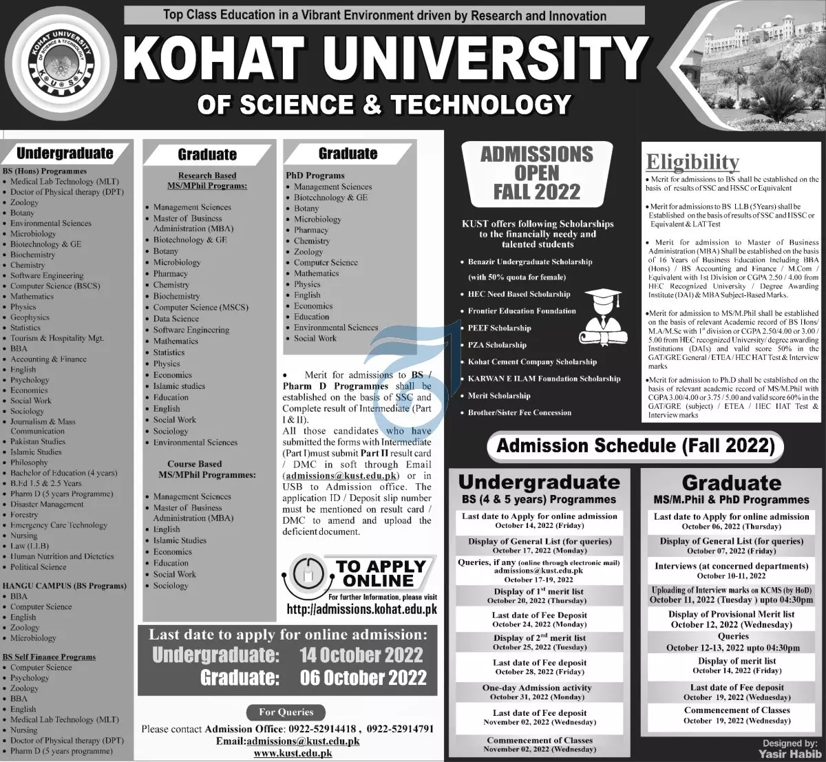 Admission in Kohat University of Sciences & Technology – Kohat University of Science and Technology Kohat Admissions 2022 — original advertisement