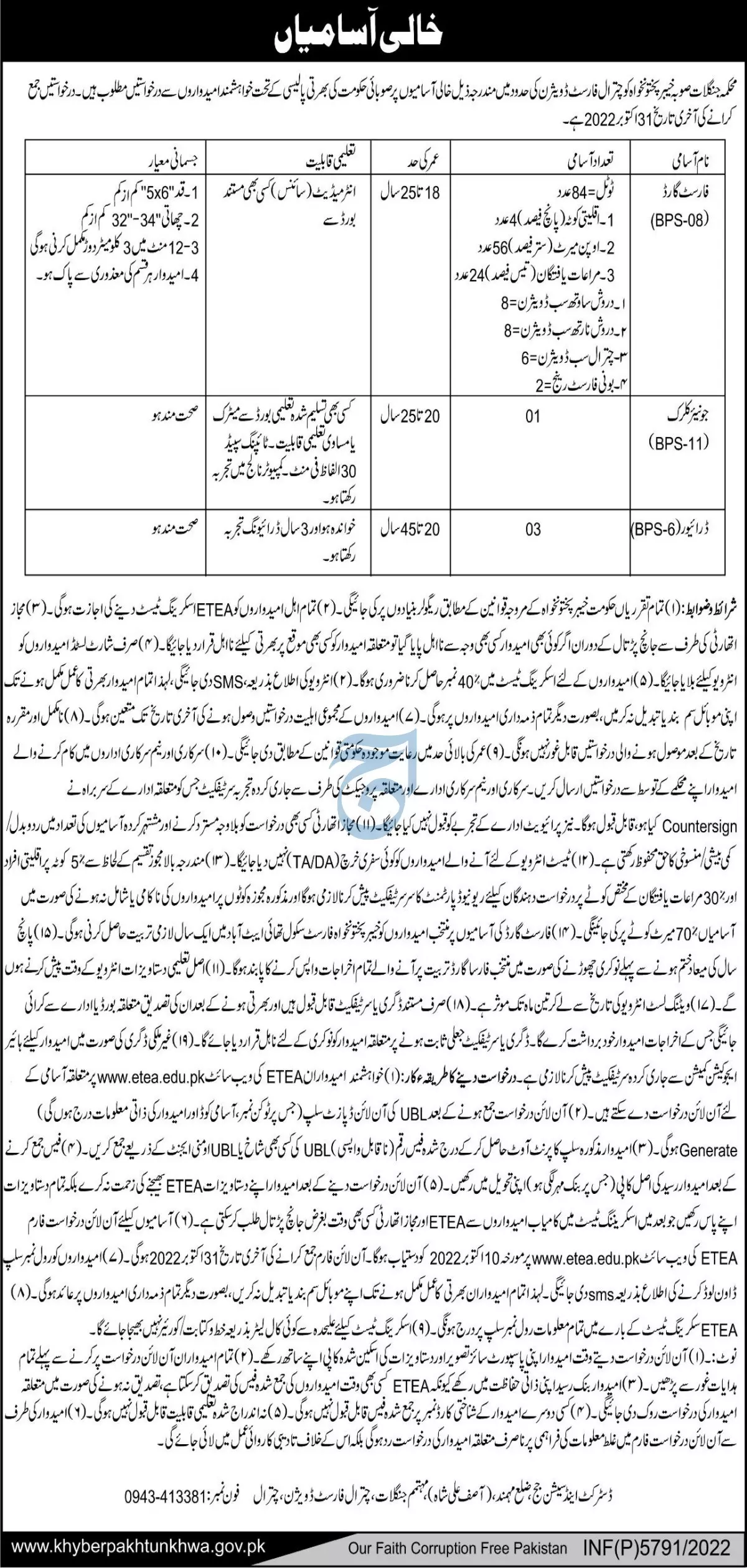 Jobs in Forest Department Khyber Pakhtunkhwa Jobs 2022 — original advertisement