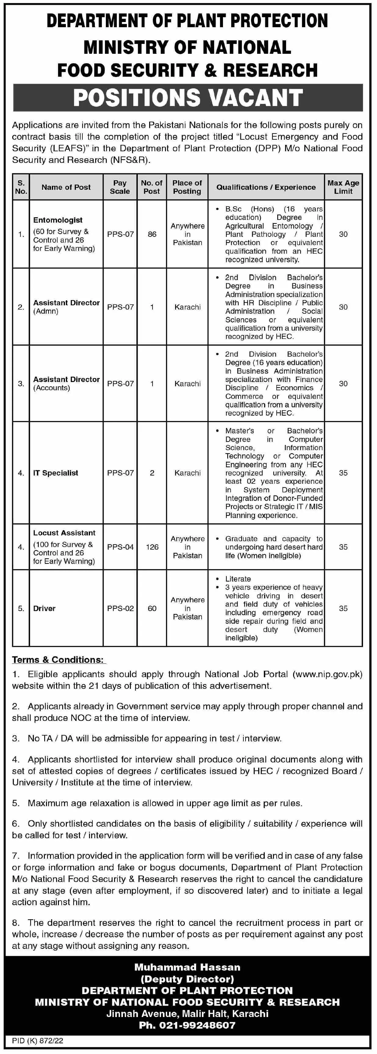 Jobs in Ministry of National Food Security & Research Jobs 2022 — original advertisement